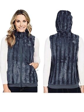 EUC The North Face Women's Charcoal Faux Fur Hooded Vest Soft Plush size Large